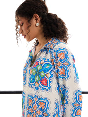 Women White & Blue Floral Abaya Dress-SFDRSS12409