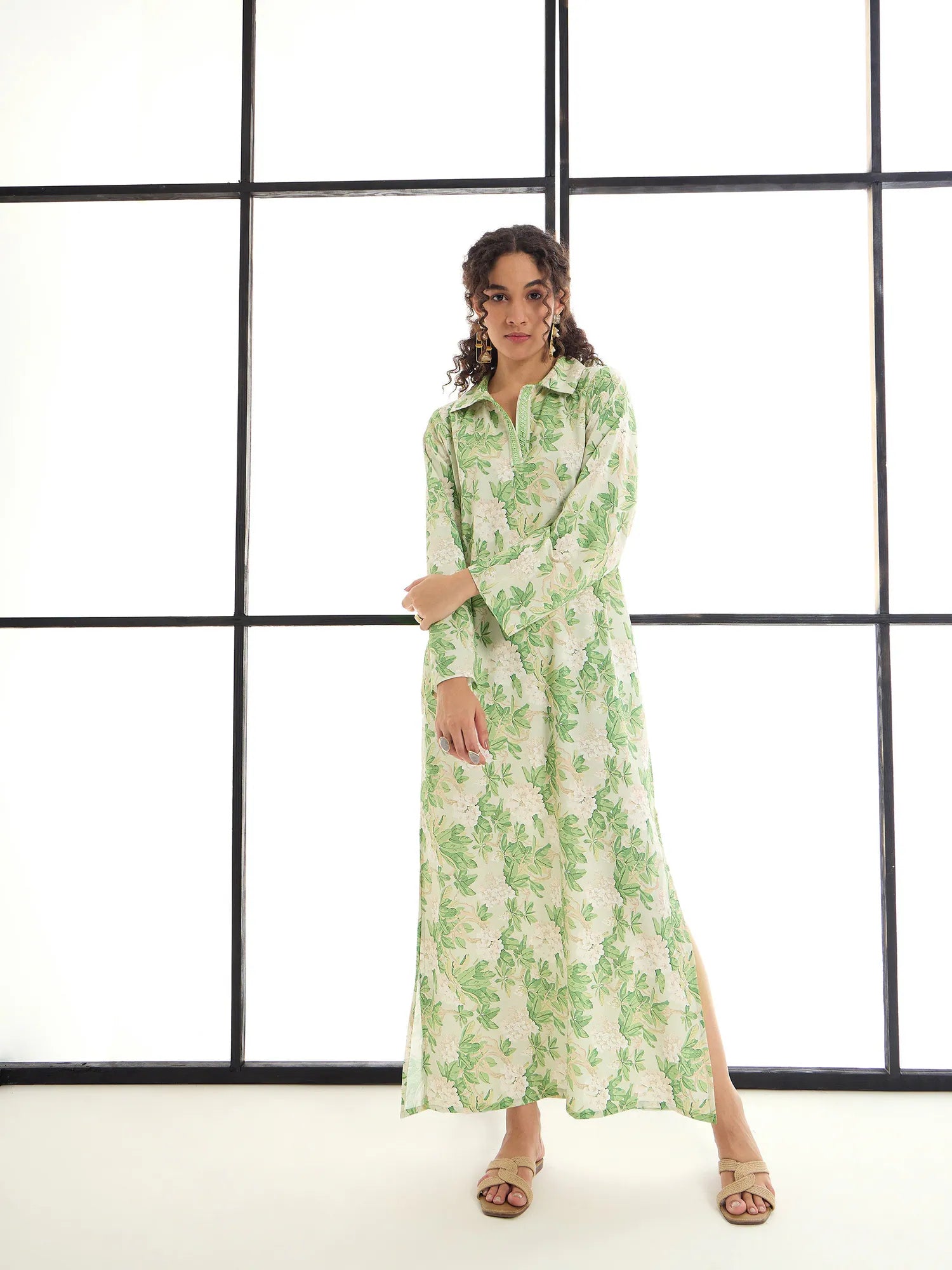 Floral Abaya Dress | Green & Beige Maxi Dress for Women