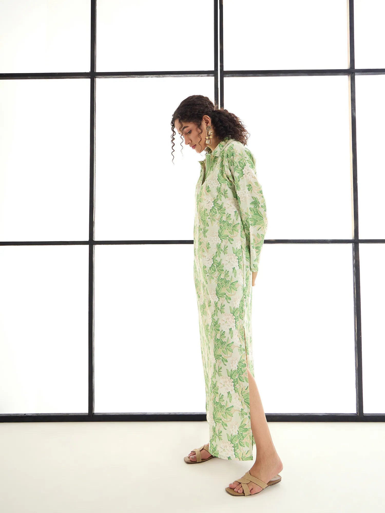 Floral Abaya Dress | Green & Beige Maxi Dress for Women