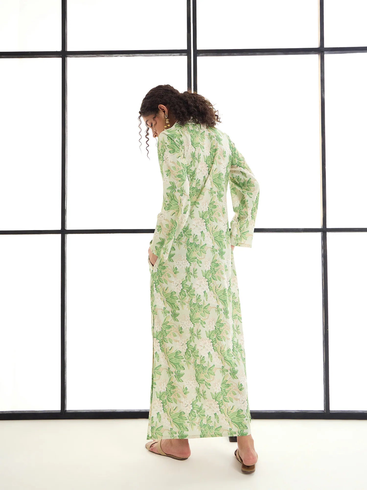 Floral Abaya Dress | Green & Beige Maxi Dress for Women