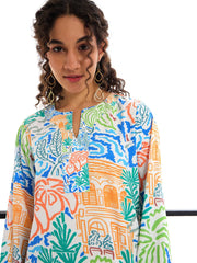 Women Multi Colour Tropical Print Mandarin Collar Abaya Dress-SFDRSS12411