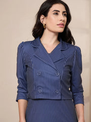 Women Navy Striped Bodycon Dress With Crop Blazer-SFDRSS12418