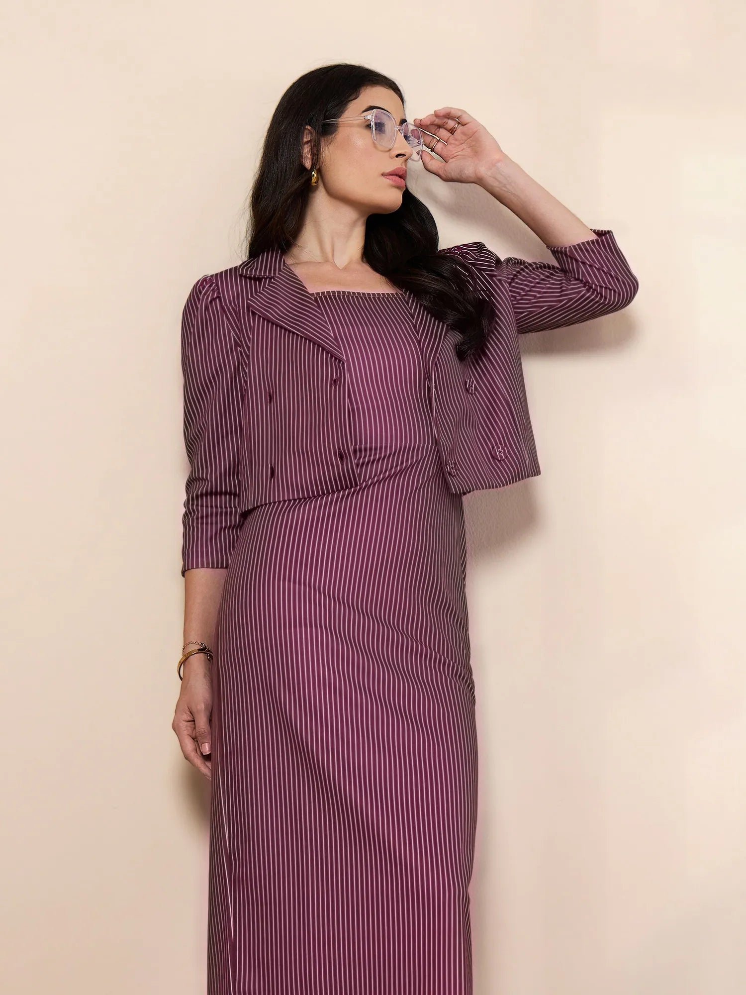 Maroon Striped Bodycon Dress & Blazer Set | Women's Lehenga