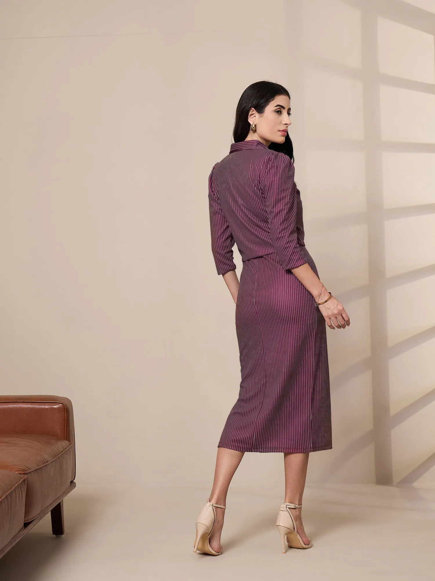 Maroon Striped Bodycon Dress & Blazer Set | Women's Lehenga