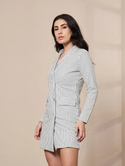 Women White Striped Double Breasted Blazer Dress-SFDRSS12420