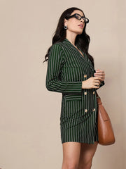 Women Green Striped Double Breasted Blazer Dress-SFDRSS12421
