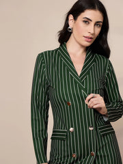 Women Green Striped Double Breasted Blazer Dress-SFDRSS12421