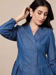 Women Blue Collar Blazer Dress-SFDRSS12425