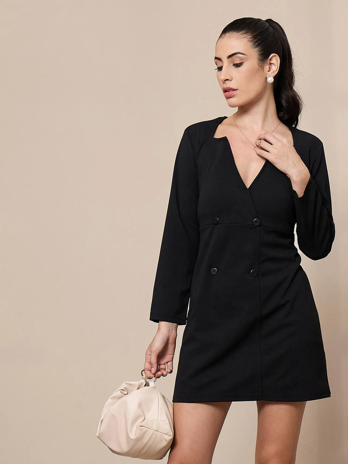 Women Black Full Sleeve Short Dress-SFDRSS12426