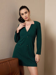 Women Green Full Sleeve Short Dress-SFDRSS12427