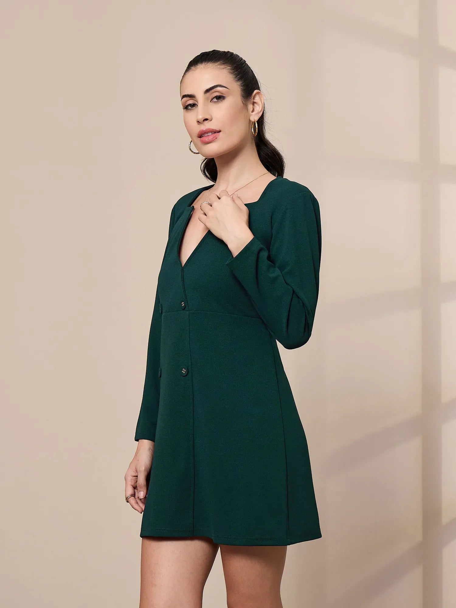 Green Full Sleeve Short Dress | Women's Designer Polyester Dress