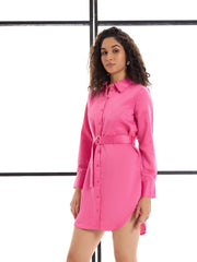 Women Pink Belted Satin Shirt Dress-SFDRSS12428