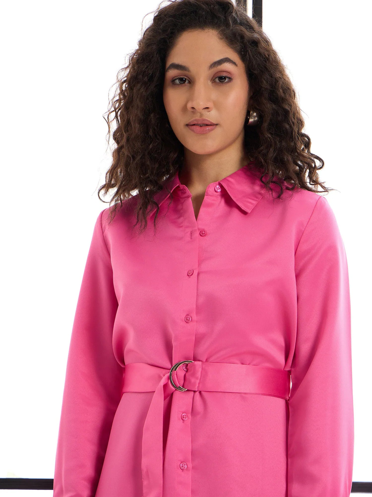 Pink Belted Shirt Dress - Women's Western Wear, Satin Fabric