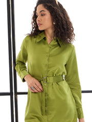Women Olive Belted Satin Shirt Dress-SFDRSS12429