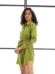 Women Olive Belted Satin Shirt Dress-SFDRSS12429