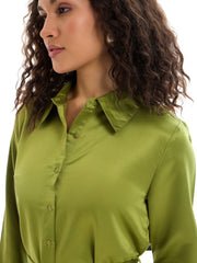 Women Olive Belted Satin Shirt Dress-SFDRSS12429