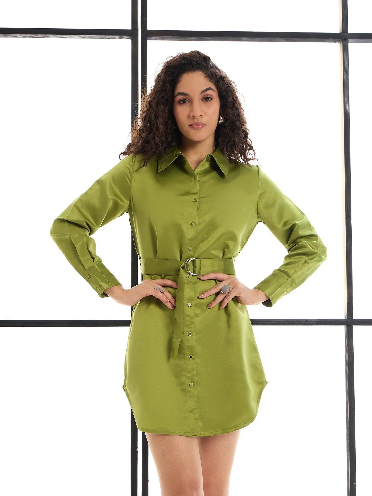 Olive Belted Satin Shirt Dress | Women's Knee-Length Dress