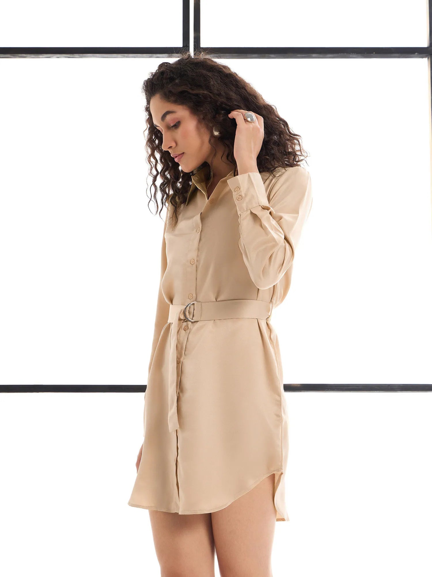 Beige Satin Belted Shirt Dress - Women's Western Clothing