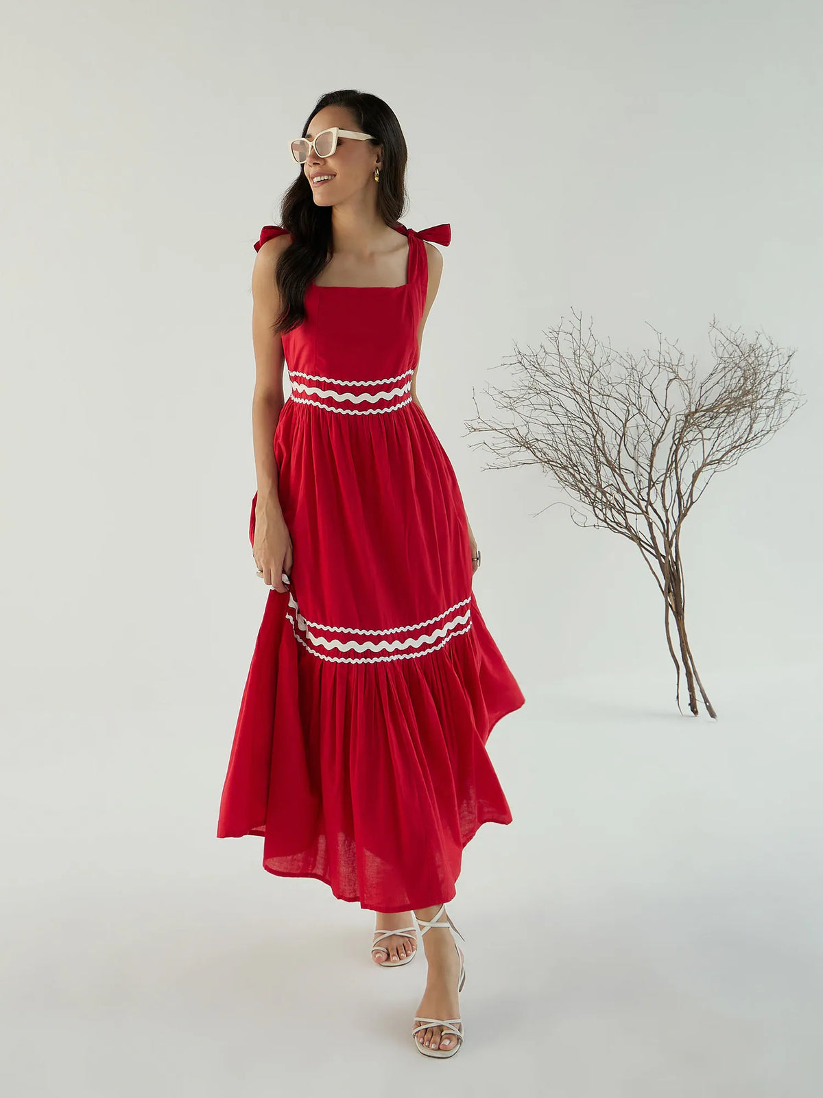 Women Red Ric Rac Lace Strappy Tiered Midi Dress-SFDRSS12431