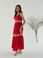Women Red Ric Rac Lace Strappy Tiered Midi Dress-SFDRSS12431