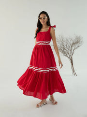 Women Red Ric Rac Lace Strappy Tiered Midi Dress-SFDRSS12431
