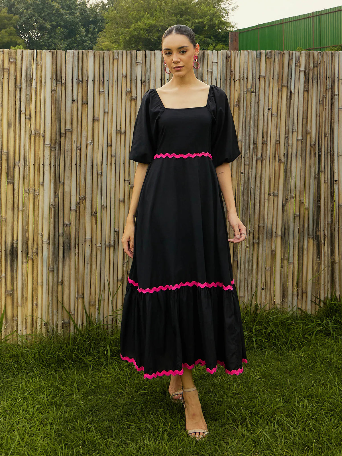 Women Black Ric Rac Lace Square Neck Midi Dress-SFDRSS12432