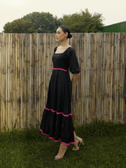 Women Black Ric Rac Lace Square Neck Midi Dress-SFDRSS12432