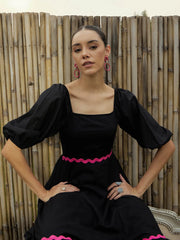 Women Black Ric Rac Lace Square Neck Midi Dress-SFDRSS12432