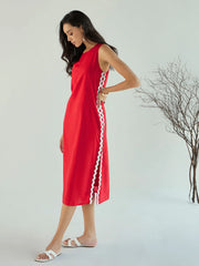 Women Red Ric Rac Lace Sleeveless Straight Dress-SFDRSS12433