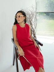 Women Red Ric Rac Lace Sleeveless Straight Dress-SFDRSS12433