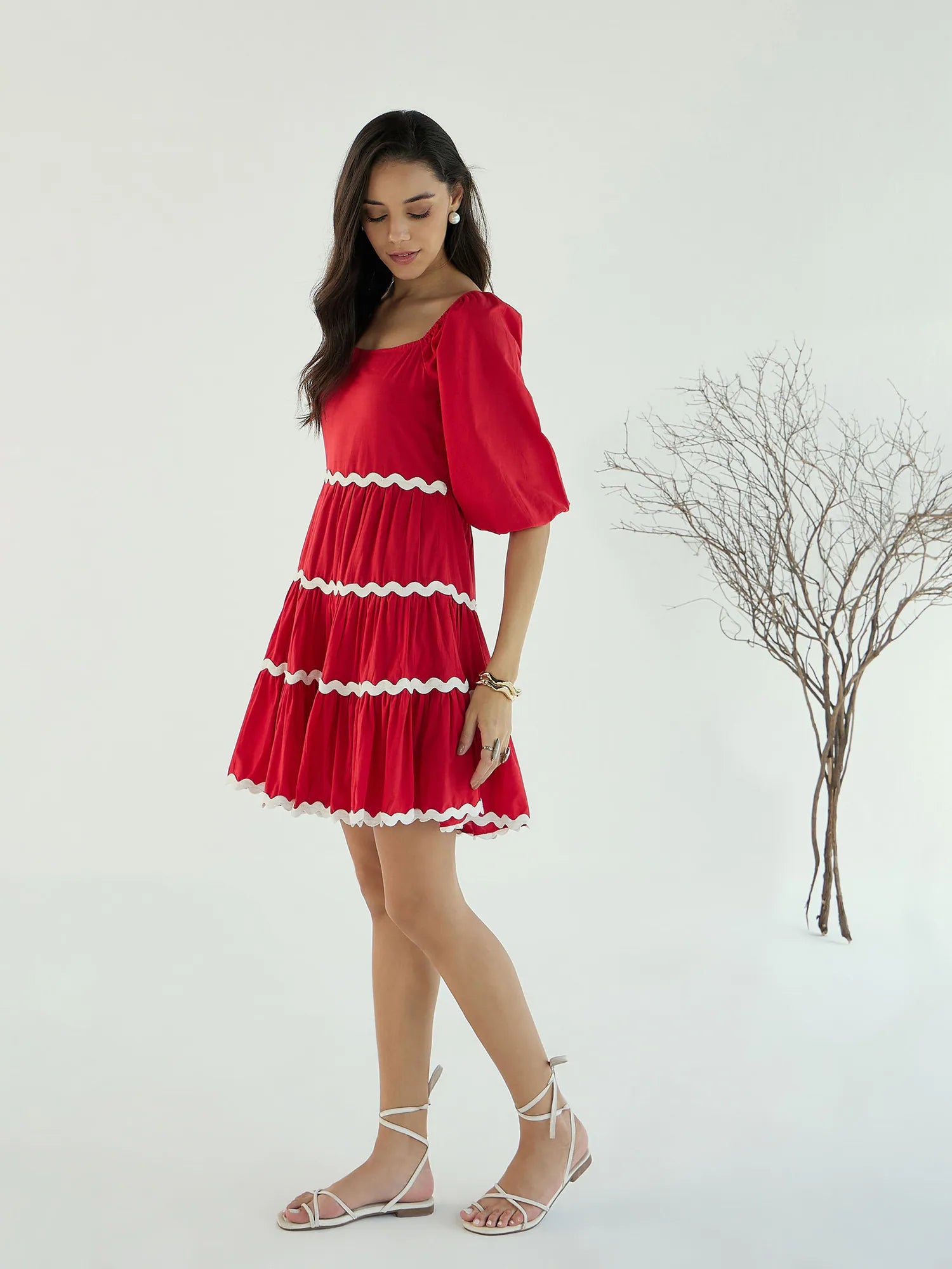 Red Ric Rac Lace Women's Short Dress | Cotton Cambric