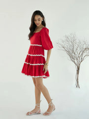 Women Red Ric Rac Lace Flared Short Dress-SFDRSS12434