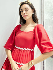 Women Red Ric Rac Lace Flared Short Dress-SFDRSS12434