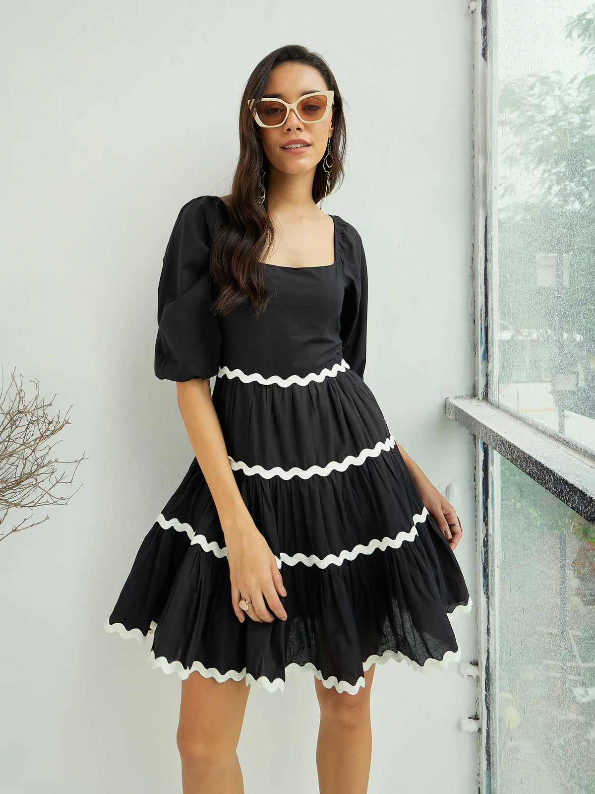 Women Black Ric Rac Lace Flared Short Dress-SFDRSS12435