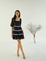 Women Black Ric Rac Lace Flared Short Dress-SFDRSS12435