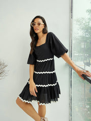 Women Black Ric Rac Lace Flared Short Dress-SFDRSS12435