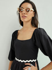 Women Black Ric Rac Lace Flared Short Dress-SFDRSS12435