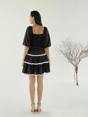 Women Black Ric Rac Lace Flared Short Dress-SFDRSS12435