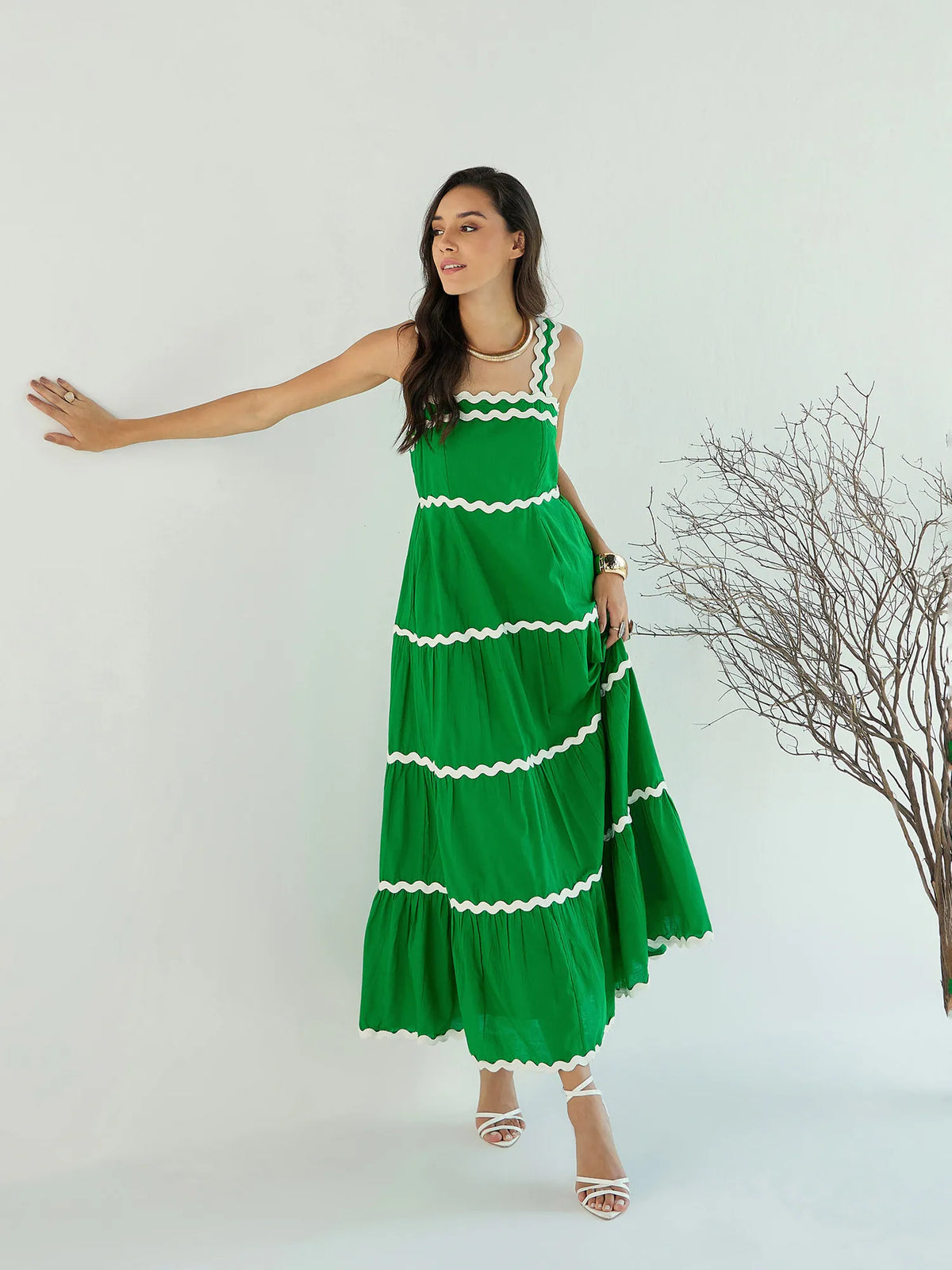 Women Green Ric Rac Lace Tiered Maxi Dress-SFDRSS12436