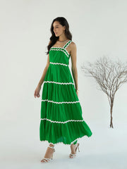 Women Green Ric Rac Lace Tiered Maxi Dress-SFDRSS12436
