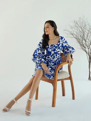 Women Blue & White Floral Back Tie Knot Dress-SFDRSS12443