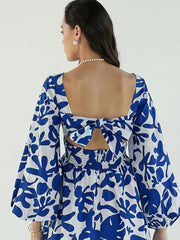 Women Blue & White Floral Back Tie Knot Dress-SFDRSS12443
