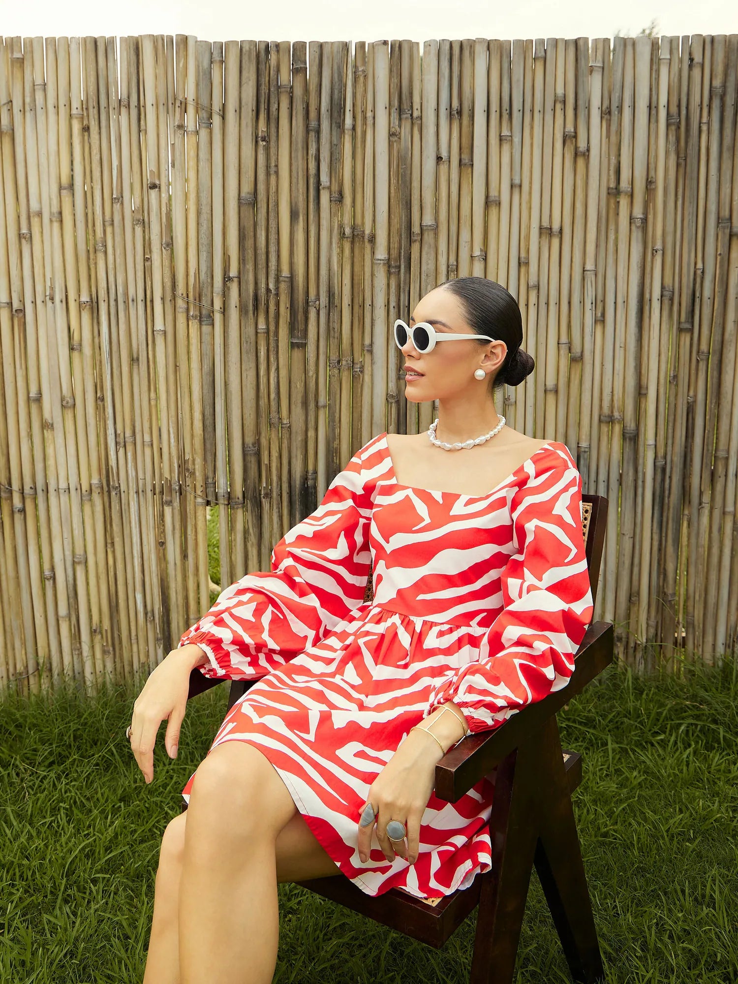 Red & White Printed Women's Dress with Back Tie Knot Detail