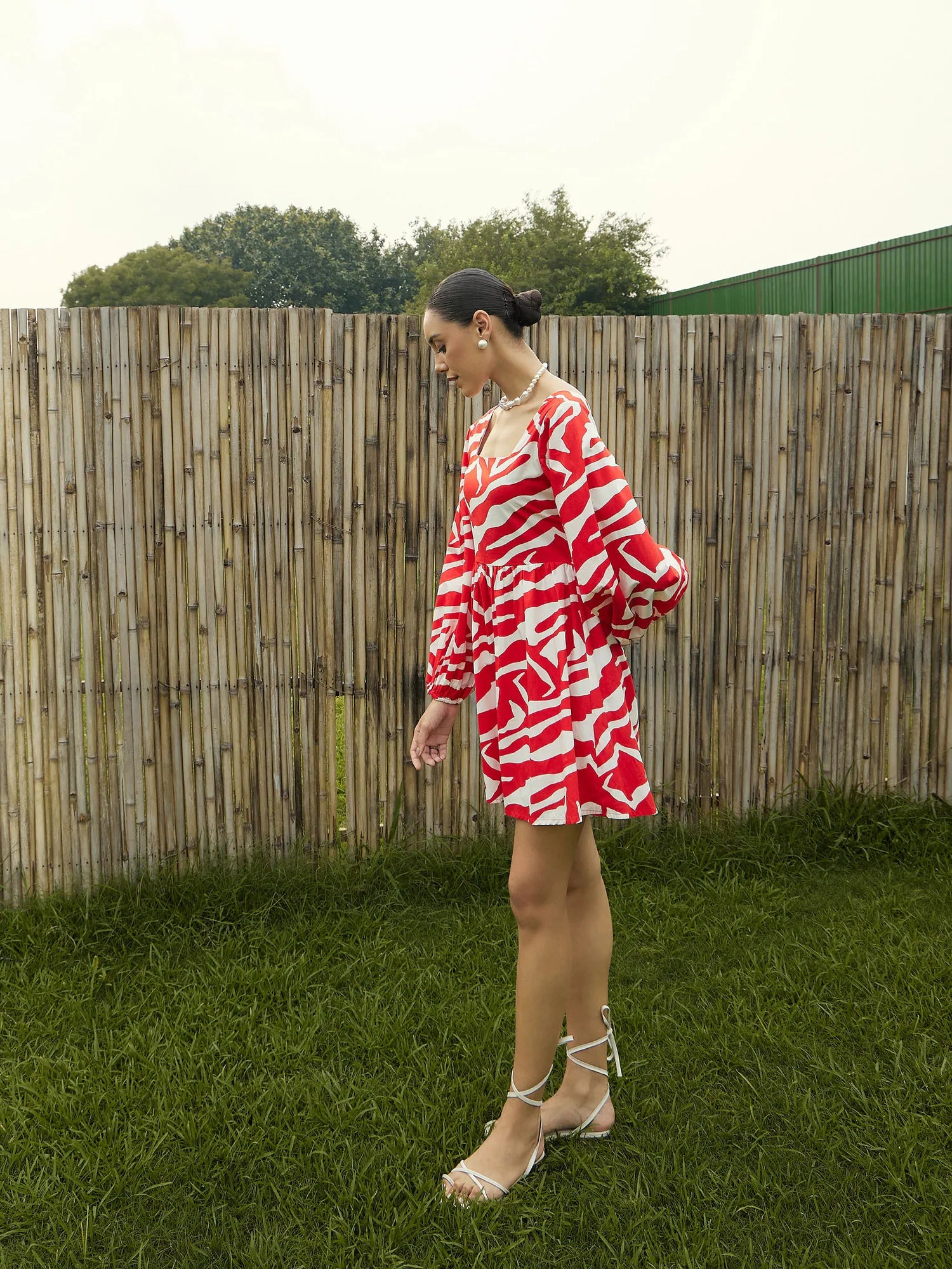 Red & White Printed Women's Dress with Back Tie Knot Detail