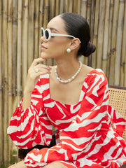 Women Red & White Printed Back Tie Knot Dress-SFDRSS12444