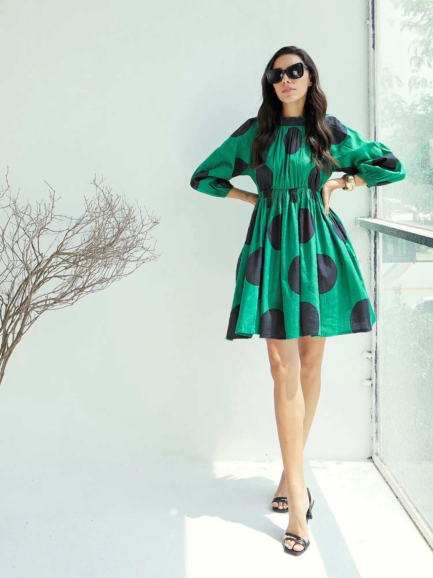 Polka Dot Fit & Flare Dress | Green Cut Out Cotton