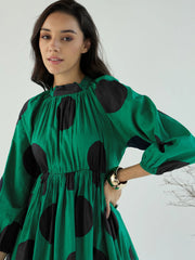 Women Green Back Cut Out Polka Dot Dress-SFDRSS12445