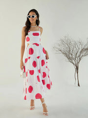 Women White Strappy Back Cut Out Polka Maxi-SFDRSS12448