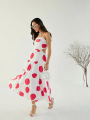 Women White Strappy Back Cut Out Polka Maxi-SFDRSS12448