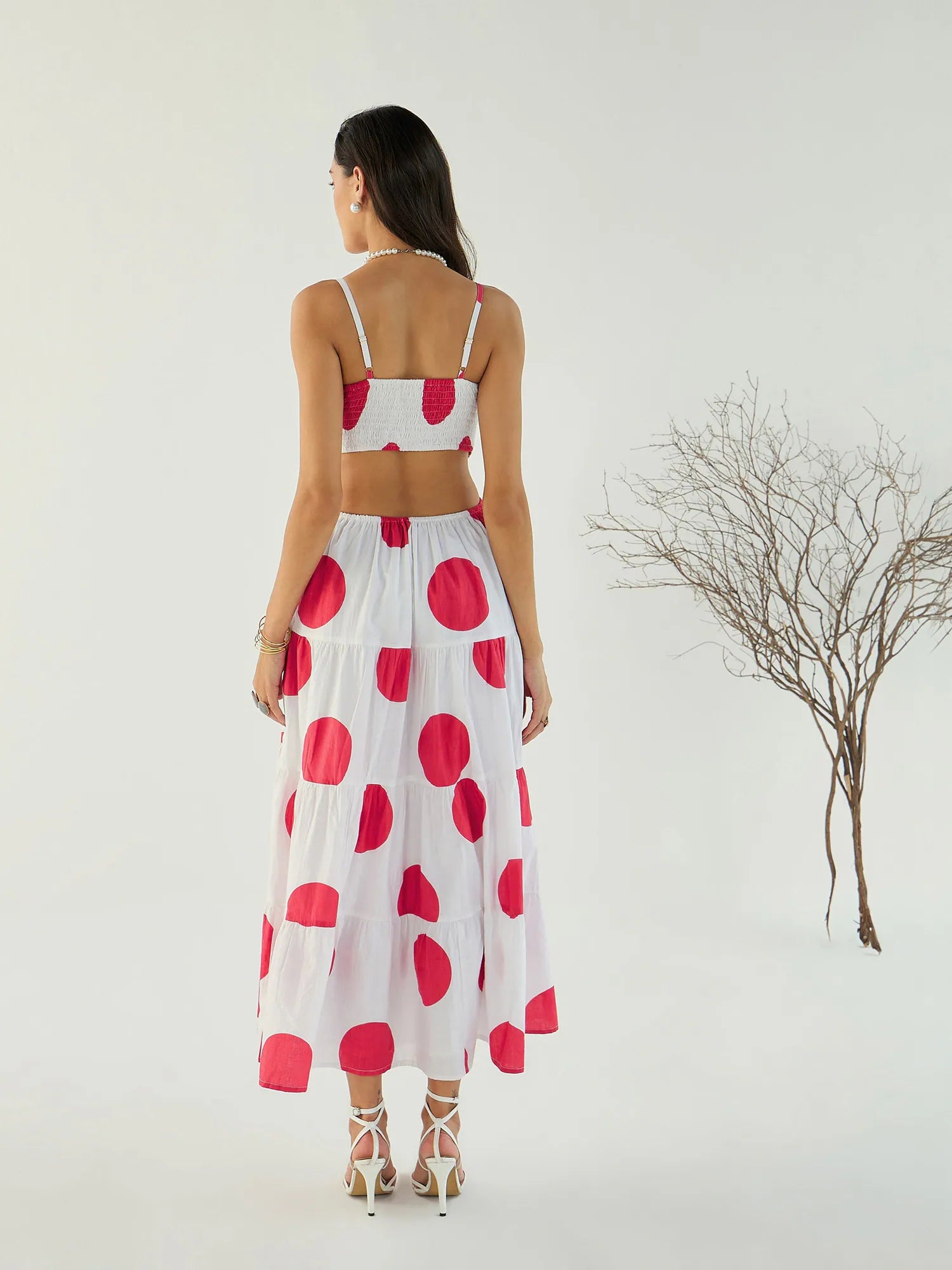 White Polka Dot Maxi Dress - Strappy Back & Cut Out Detail